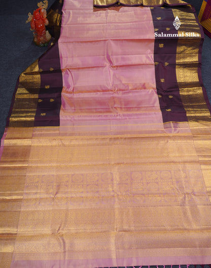Korvai Beautiful Baby Pink Tissue Plain Pure Kanjivaram Silk Saree With Contrast Brown Traditional Long Border