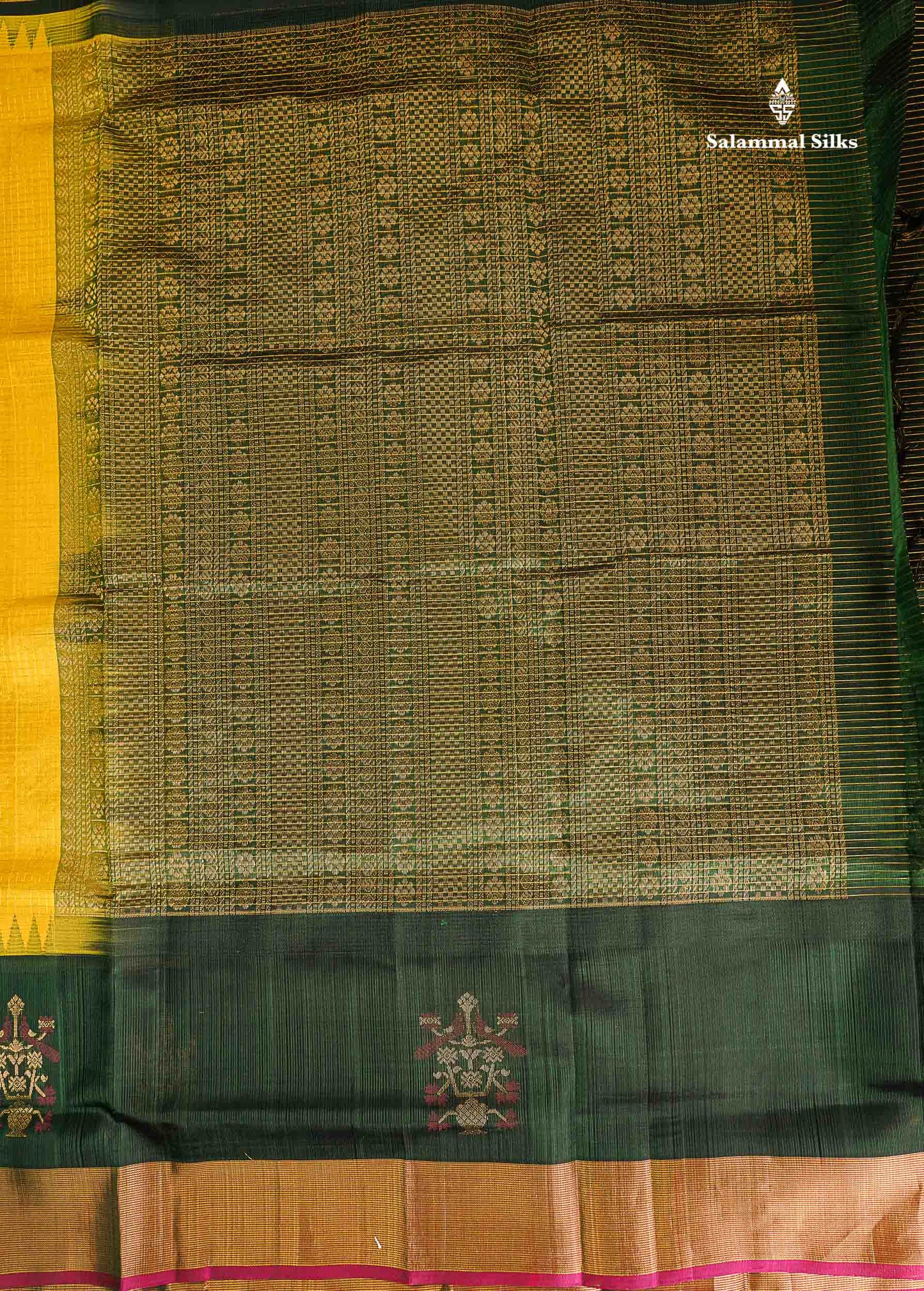 Pure Silk Cotton Saree - Yellow Small Checks Along With Contrast Bottle Green Traditional Evening Morning Border
