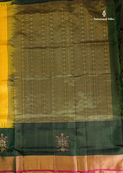 Pure Silk Cotton Saree - Yellow Small Checks Along With Contrast Bottle Green Traditional Evening Morning Border