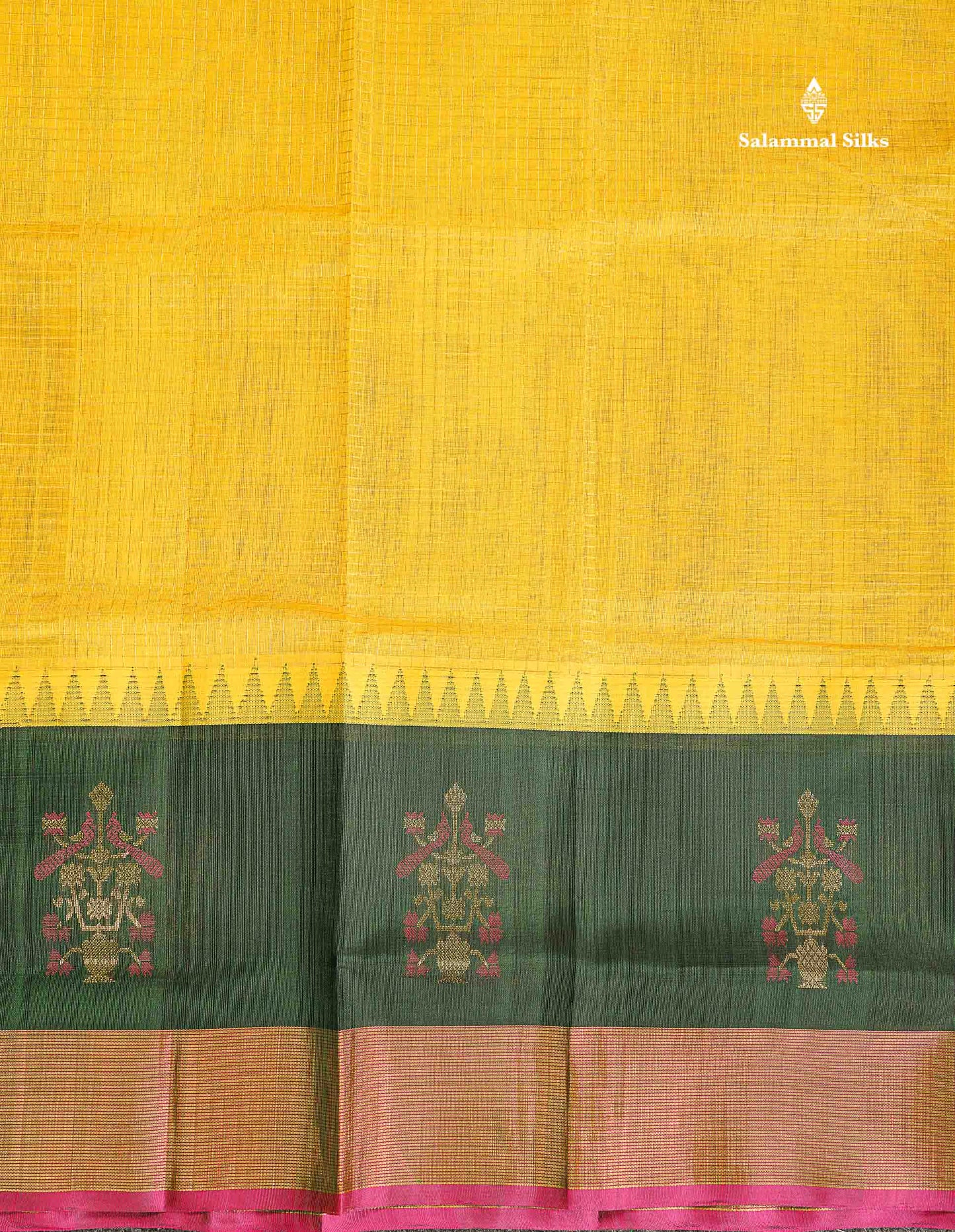 Pure Silk Cotton Saree - Yellow Small Checks Along With Contrast Bottle Green Traditional Evening Morning Border