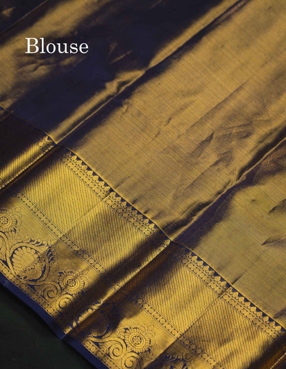 Beautiful Yellow Tissue Bridal Pure Kanjivaram Silk Saree With Contrast Navy Blue Traditional Border