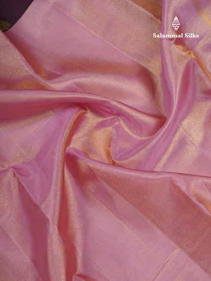 Korvai Beautiful Baby Pink Tissue Plain Pure Kanjivaram Silk Saree With Contrast Brown Traditional Long Border