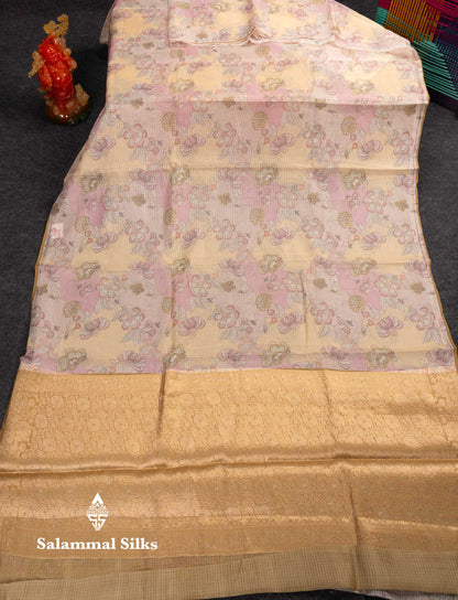 Beautiful Multicolour Kota Cotton Mix Fancy Saree With Contrast Pastel Violet Butta Blouse