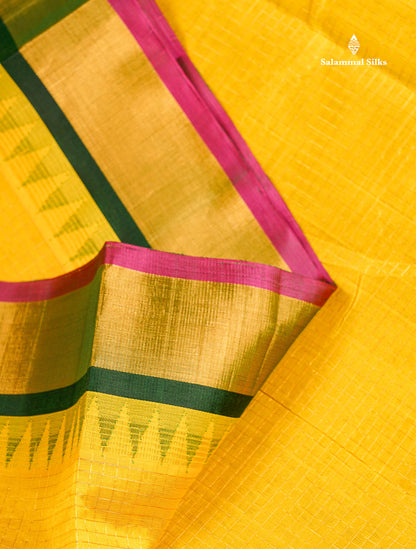 Pure Silk Cotton Saree - Yellow Small Checks Along With Contrast Bottle Green Traditional Evening Morning Border