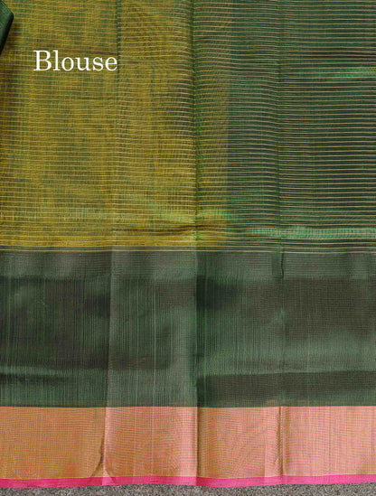 Pure Silk Cotton Saree - Yellow Small Checks Along With Contrast Bottle Green Traditional Evening Morning Border