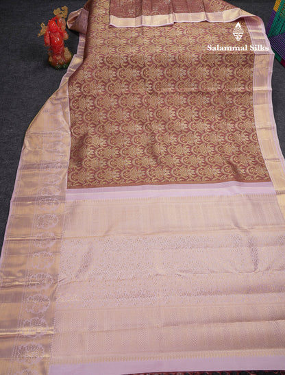 Beautiful Light Chocolate Bridal 2G Pure Kanjivaram Silk Saree With Contrast Light Pink Traditional Evening Morning Border