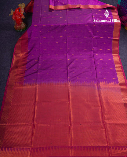 Beautiful Parrot Green Jute Semi Soft Silk Saree With Contrast Dark Purple Temple Border