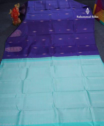 Beautiful Violet Fancy Pure Kanjivaram Silk Saree With Contrast Sea Green Blouse