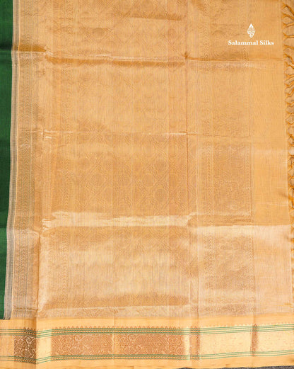 Pure Silk Cotton Saree - Bottle Green Plain Along With Contrast Cream Sandal Traditional Border