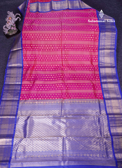 Pink Pure Kanjivaram Silk Saree With Contrast Royal Blue Traditional Border