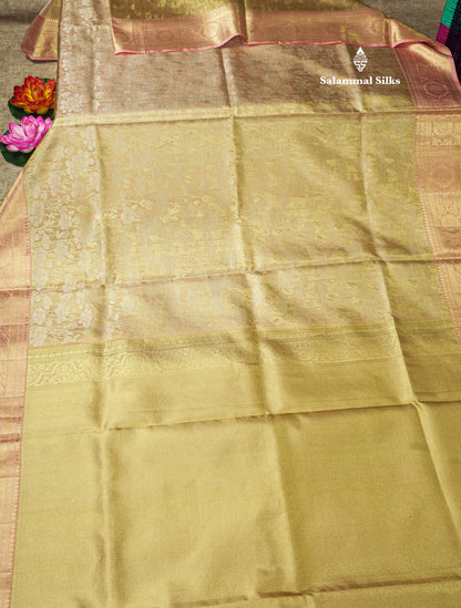 Sandal Tissue Bridal Pure Kanjivaram Silk Saree With Contrast Peach Border