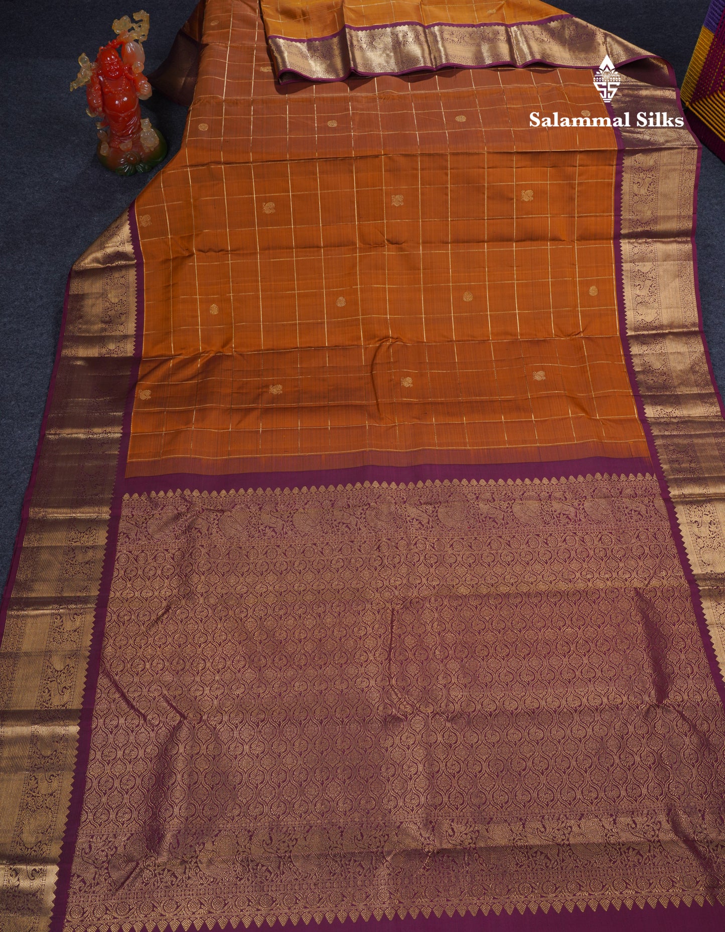 Brown Zari Checks Pure Kanjivaram Silk Saree With Contrast Magenta Traditional Border