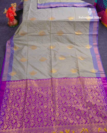 Beautiful Light Rexona Green Zari Checks With Butta Soft Silk Mix Saree With Contrast Dark Purple Blouse