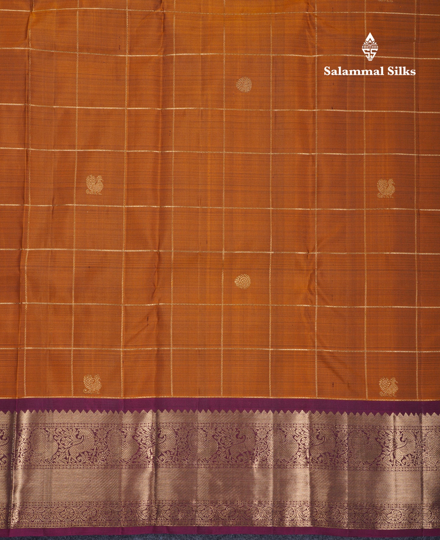 Brown Zari Checks Pure Kanjivaram Silk Saree With Contrast Magenta Traditional Border