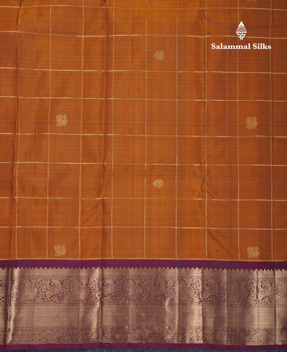 Brown Zari Checks Pure Kanjivaram Silk Saree With Contrast Magenta Traditional Border