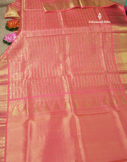Pinkish Peach Checks With Traditional Butta Bridal Pure Kanjivaram Silk Saree With Self Border