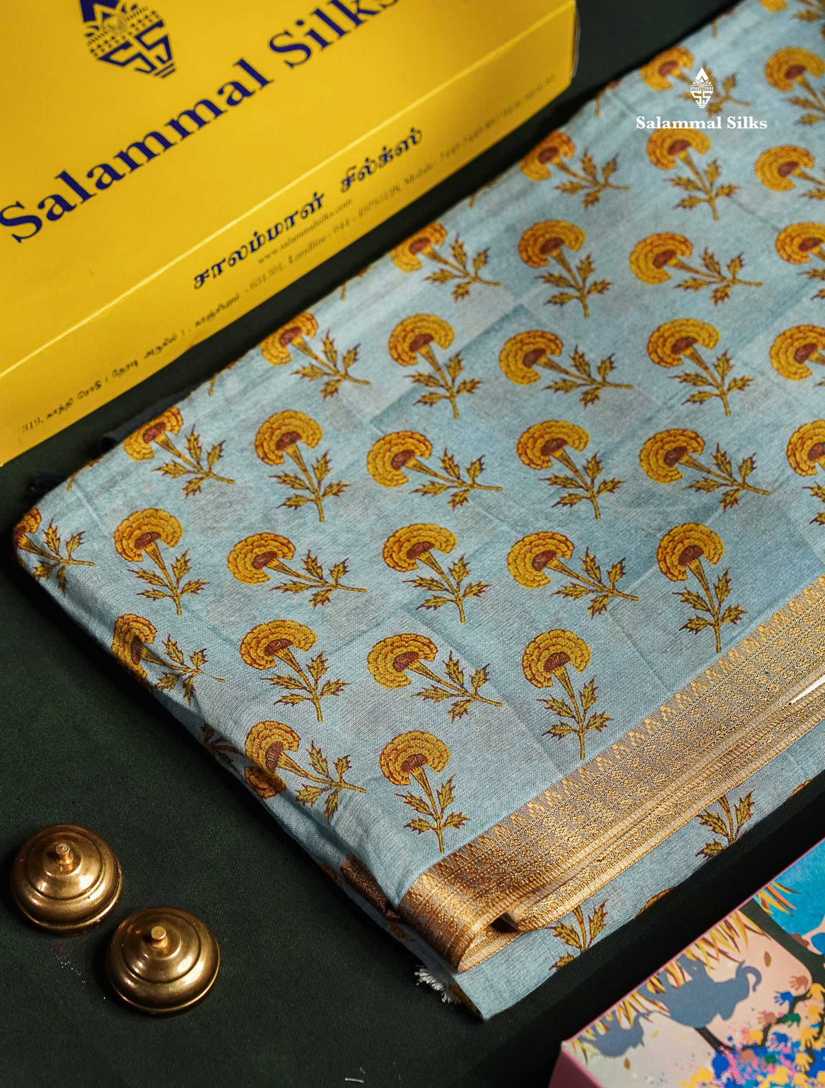 Light Blue Linen Mix Fancy Saree With Contrast Royal Blue Blouse