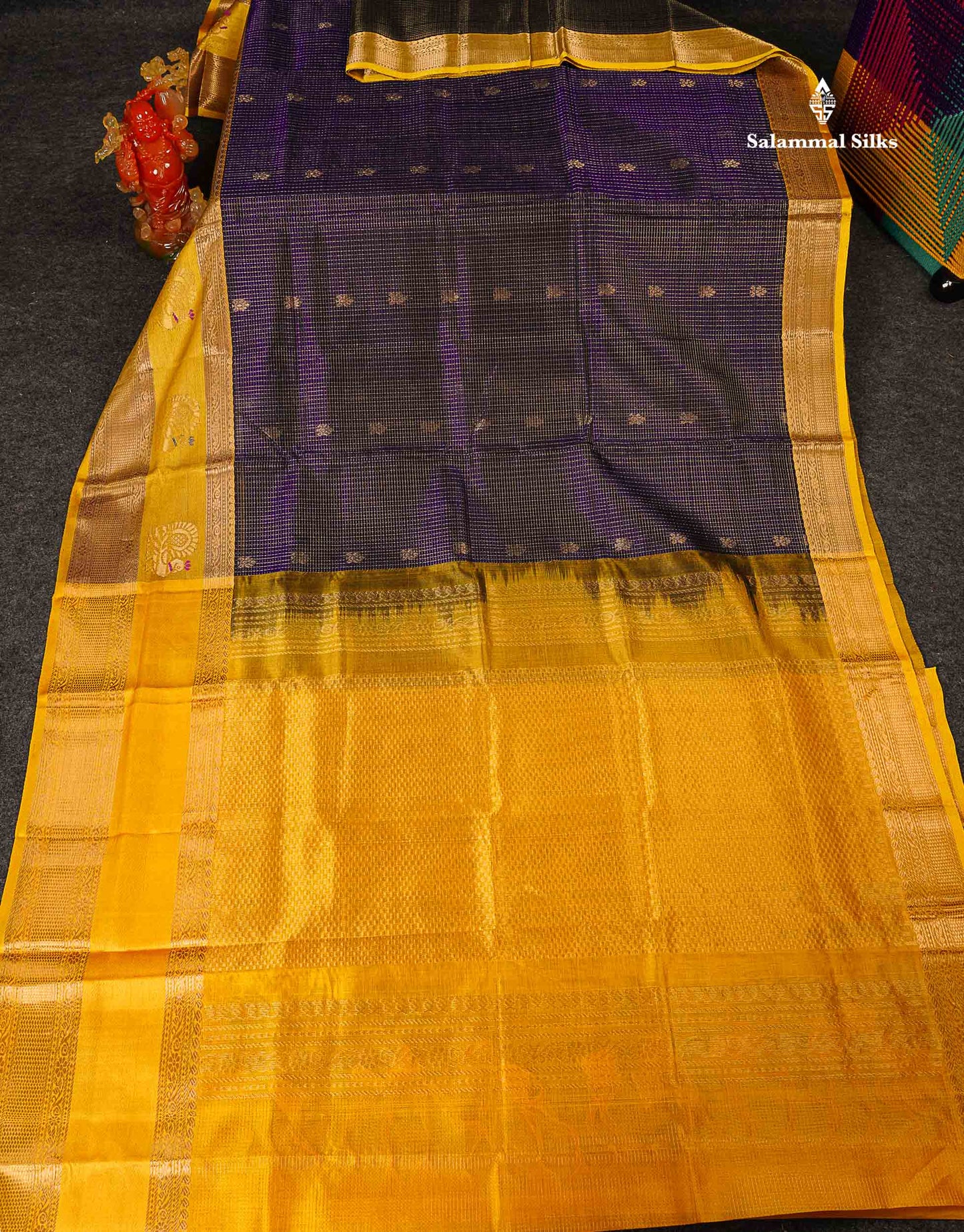 Pure Silk Cotton Saree - Dual Tone Navy Blue Small Checks With Butta Along With Contrast Yellow Traditional Evening Morning Border