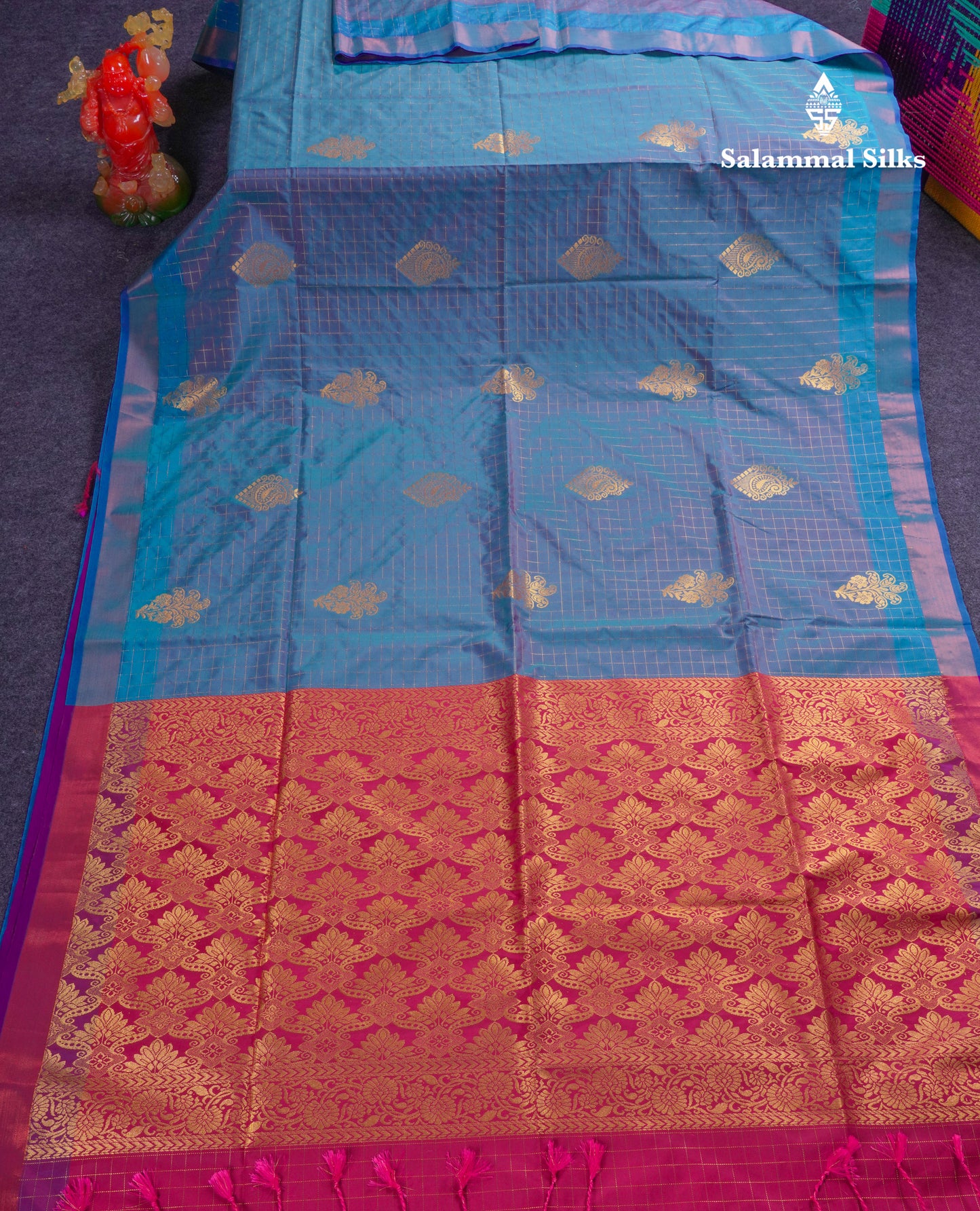Beautiful Light Rexona Green Zari Checks With Butta Soft Silk Mix Saree With Contrast Dark Purple Blouse
