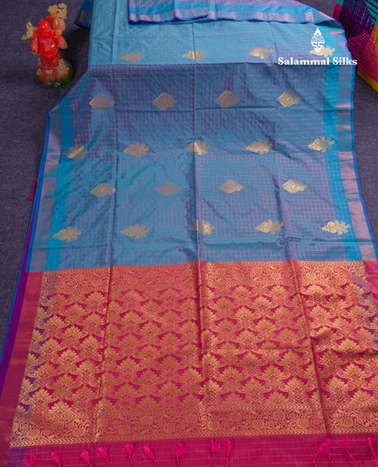 Beautiful Light Rexona Green Zari Checks With Butta Soft Silk Mix Saree With Contrast Dark Purple Blouse