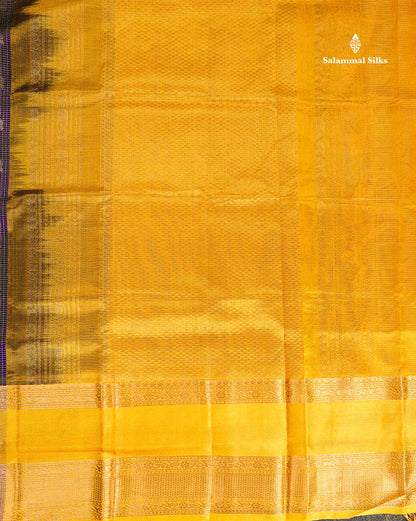 Pure Silk Cotton Saree - Dual Tone Navy Blue Small Checks With Butta Along With Contrast Yellow Traditional Evening Morning Border