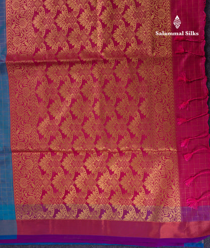 Beautiful Light Rexona Green Zari Checks With Butta Soft Silk Mix Saree With Contrast Dark Purple Blouse
