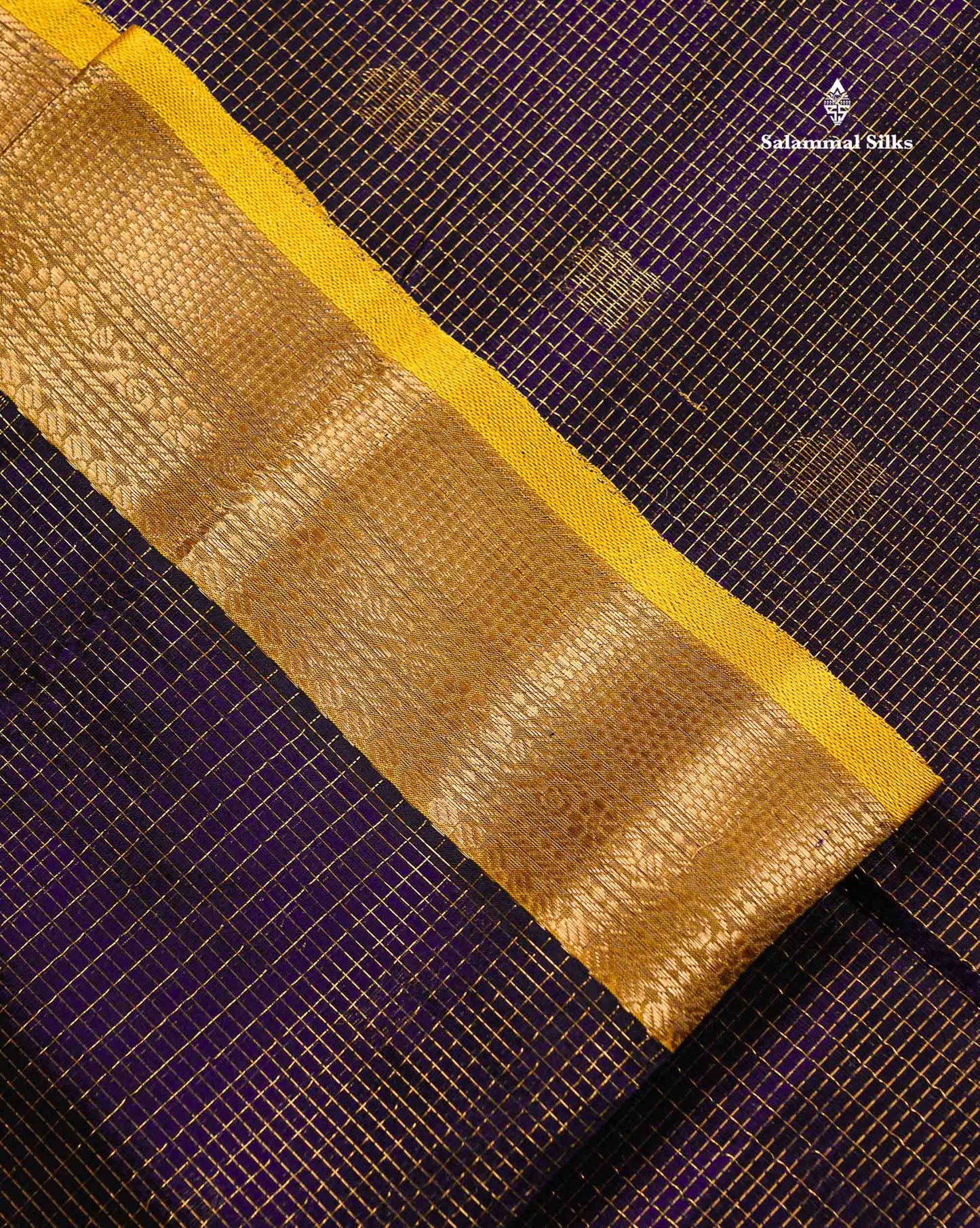 Pure Silk Cotton Saree - Dual Tone Navy Blue Small Checks With Butta Along With Contrast Yellow Traditional Evening Morning Border