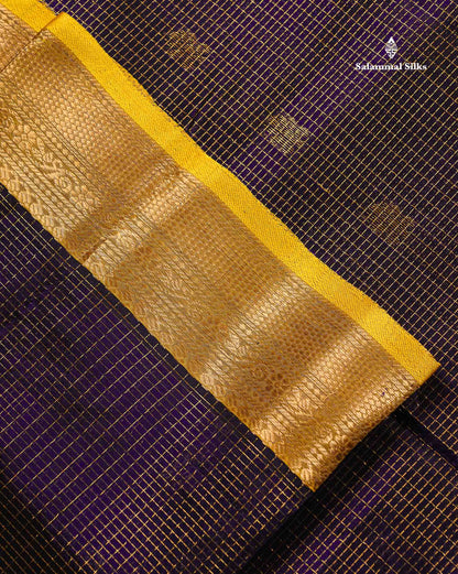 Pure Silk Cotton Saree - Dual Tone Navy Blue Small Checks With Butta Along With Contrast Yellow Traditional Evening Morning Border