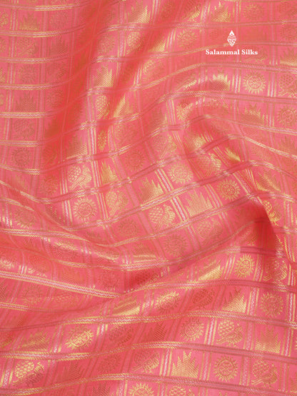 Pinkish Peach Checks With Traditional Butta Bridal Pure Kanjivaram Silk Saree With Self Border