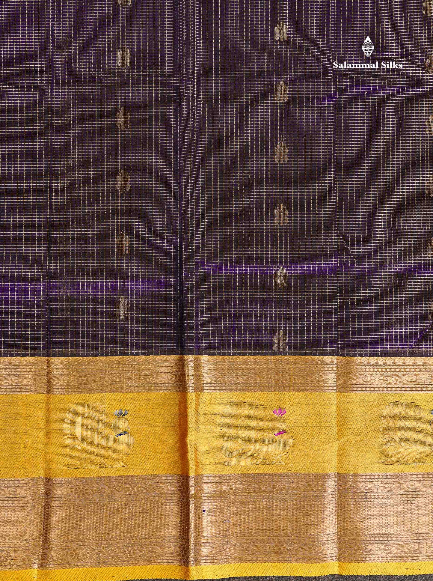 Pure Silk Cotton Saree - Dual Tone Navy Blue Small Checks With Butta Along With Contrast Yellow Traditional Evening Morning Border