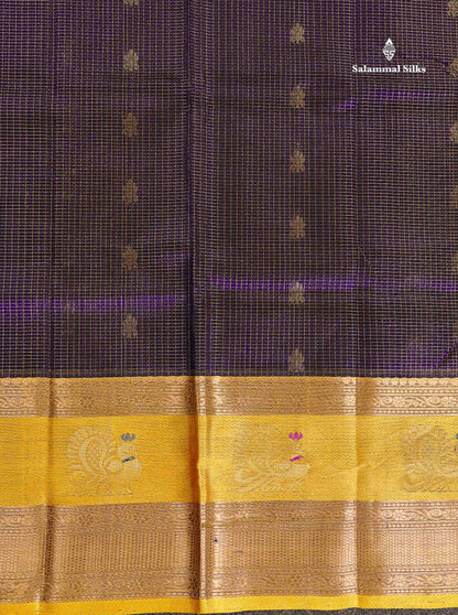 Pure Silk Cotton Saree - Dual Tone Navy Blue Small Checks With Butta Along With Contrast Yellow Traditional Evening Morning Border