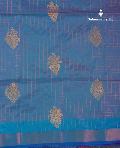 Beautiful Light Rexona Green Zari Checks With Butta Soft Silk Mix Saree With Contrast Dark Purple Blouse