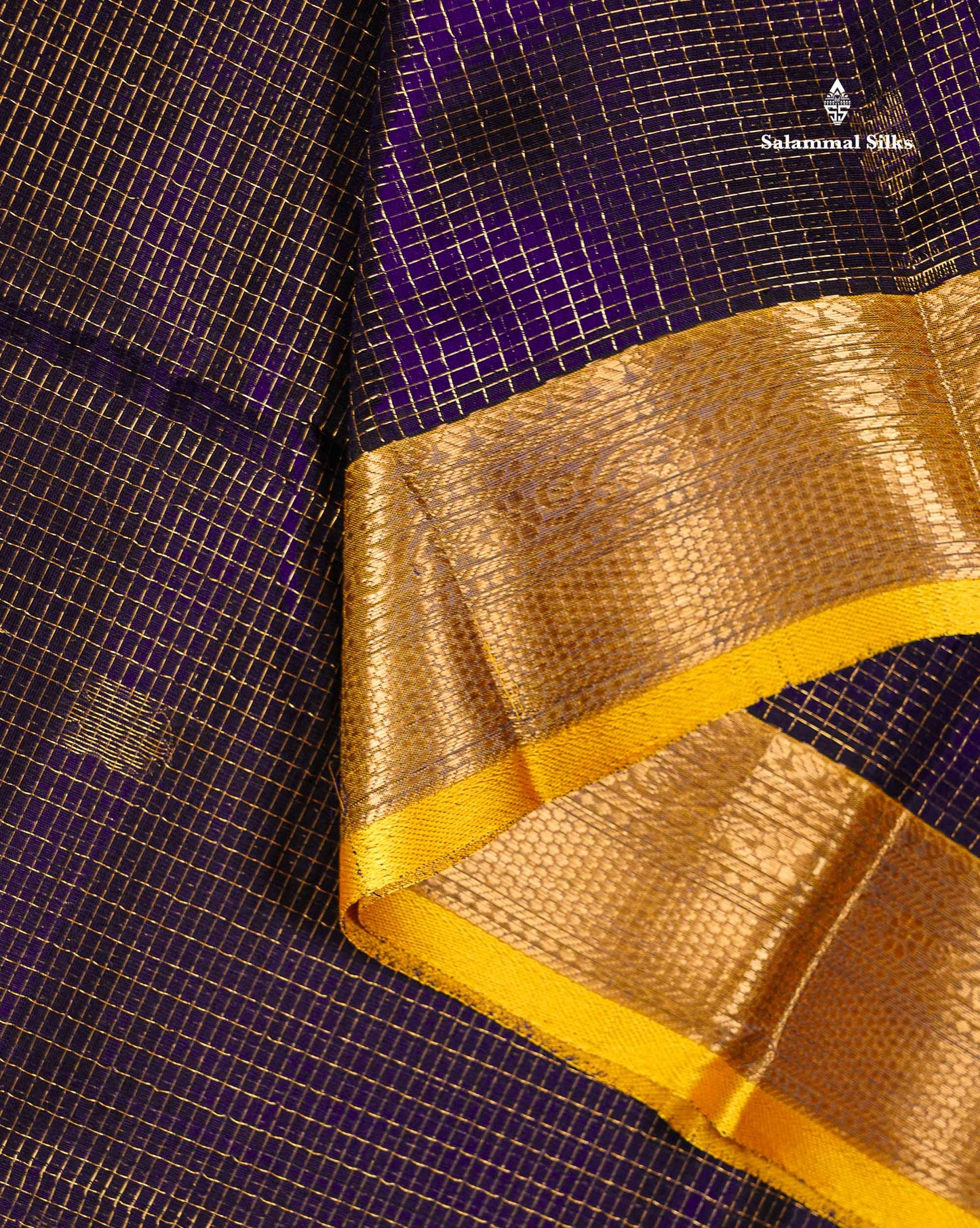 Pure Silk Cotton Saree - Dual Tone Navy Blue Small Checks With Butta Along With Contrast Yellow Traditional Evening Morning Border