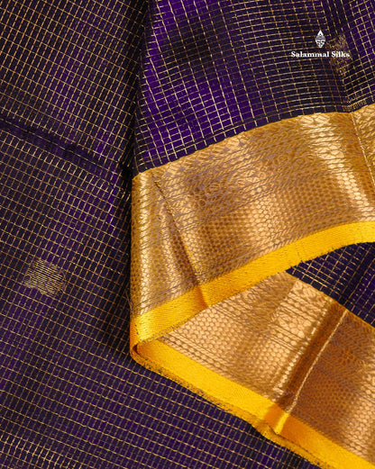 Pure Silk Cotton Saree - Dual Tone Navy Blue Small Checks With Butta Along With Contrast Yellow Traditional Evening Morning Border