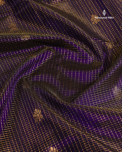 Pure Silk Cotton Saree - Dual Tone Navy Blue Small Checks With Butta Along With Contrast Yellow Traditional Evening Morning Border
