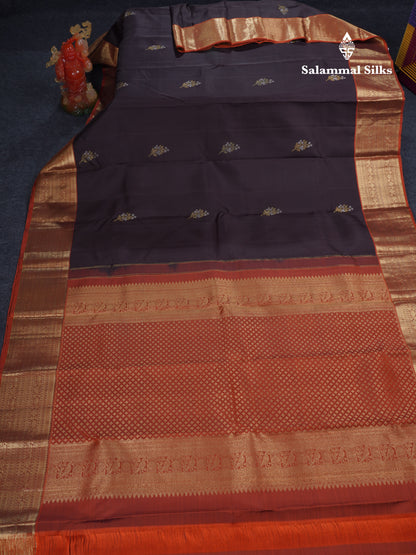 Dark Brown Pure Kanjivaram Silk Saree With Contrast Rust Orange Traditional Border