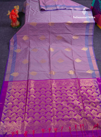 Beautiful Light Rexona Green Zari Checks With Butta Soft Silk Mix Saree With Contrast Dark Purple Blouse