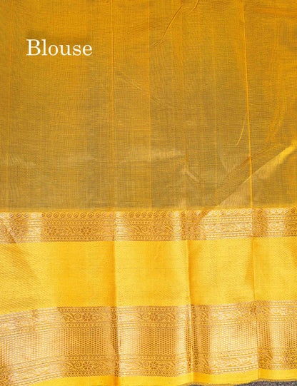 Pure Silk Cotton Saree - Dual Tone Navy Blue Small Checks With Butta Along With Contrast Yellow Traditional Evening Morning Border