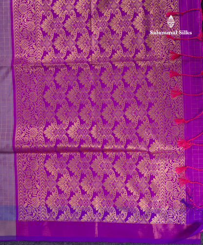 Beautiful Light Rexona Green Zari Checks With Butta Soft Silk Mix Saree With Contrast Dark Purple Blouse