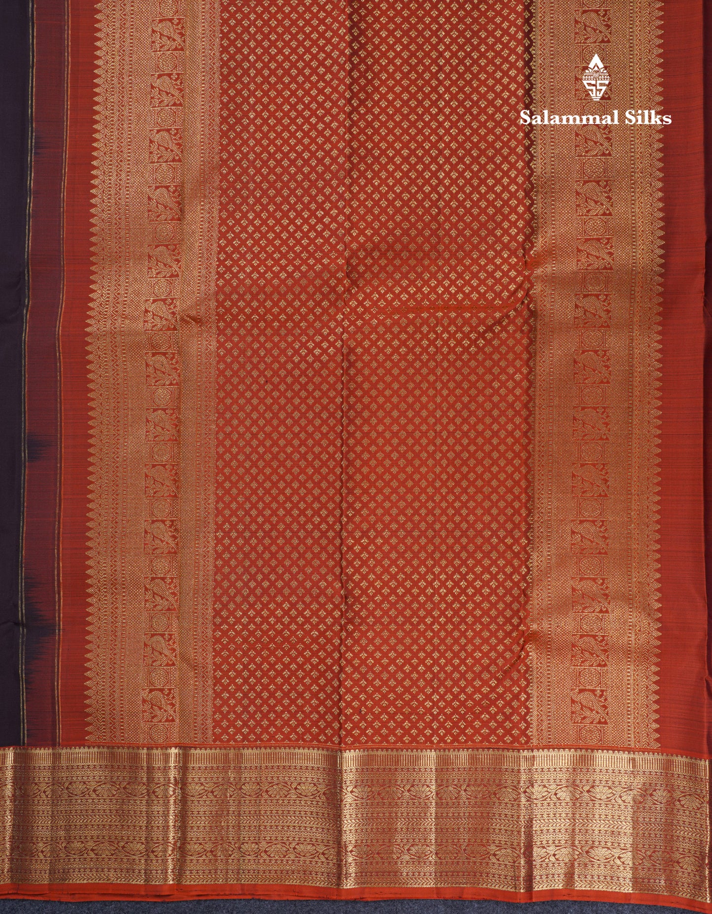Dark Brown Pure Kanjivaram Silk Saree With Contrast Rust Orange Traditional Border
