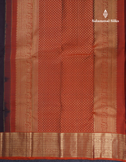 Dark Brown Pure Kanjivaram Silk Saree With Contrast Rust Orange Traditional Border