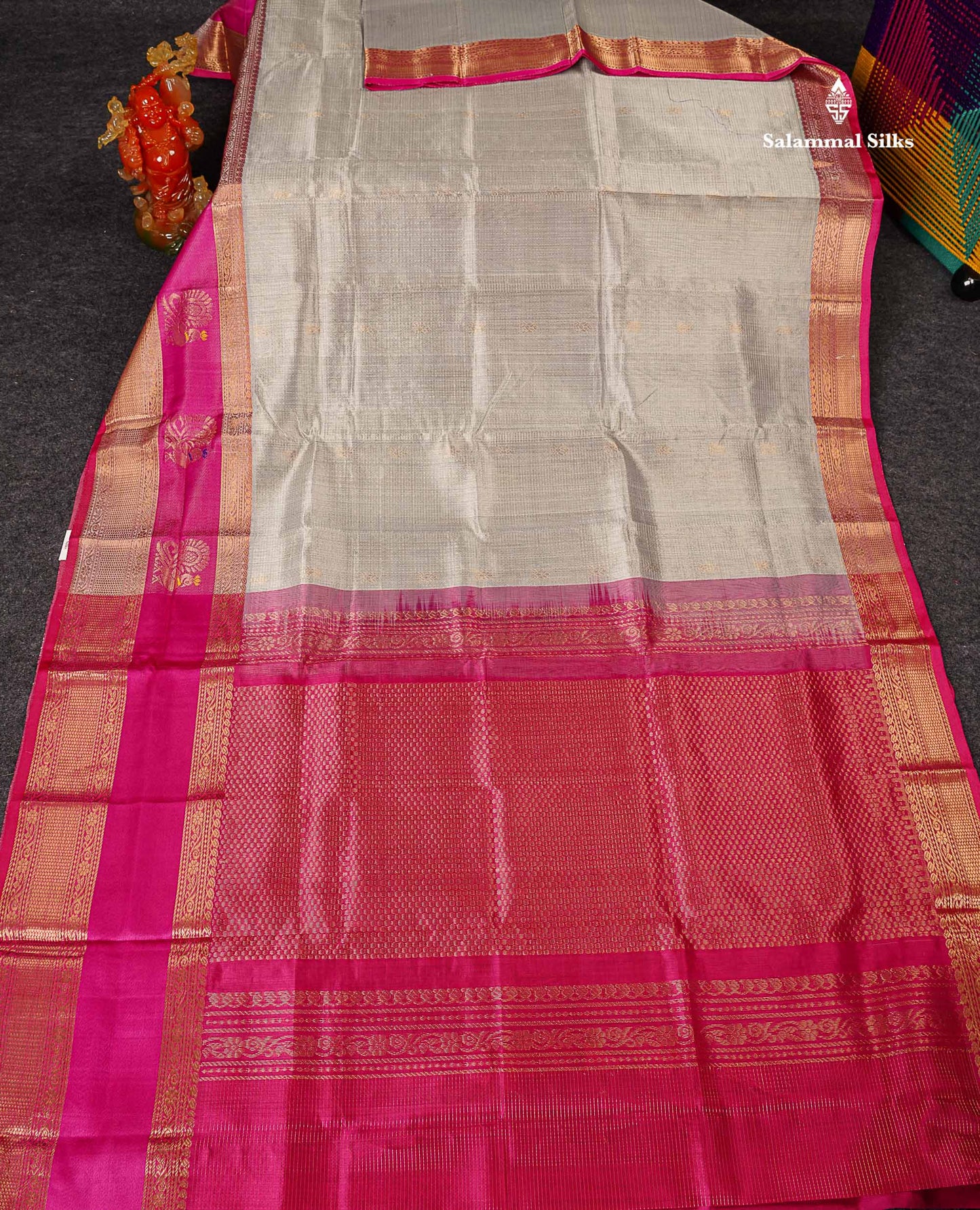 Pure Silk Cotton Saree - Grey White Small Zari Checks With Butta Along With Contrast Pink Traditional Evening Morning Border
