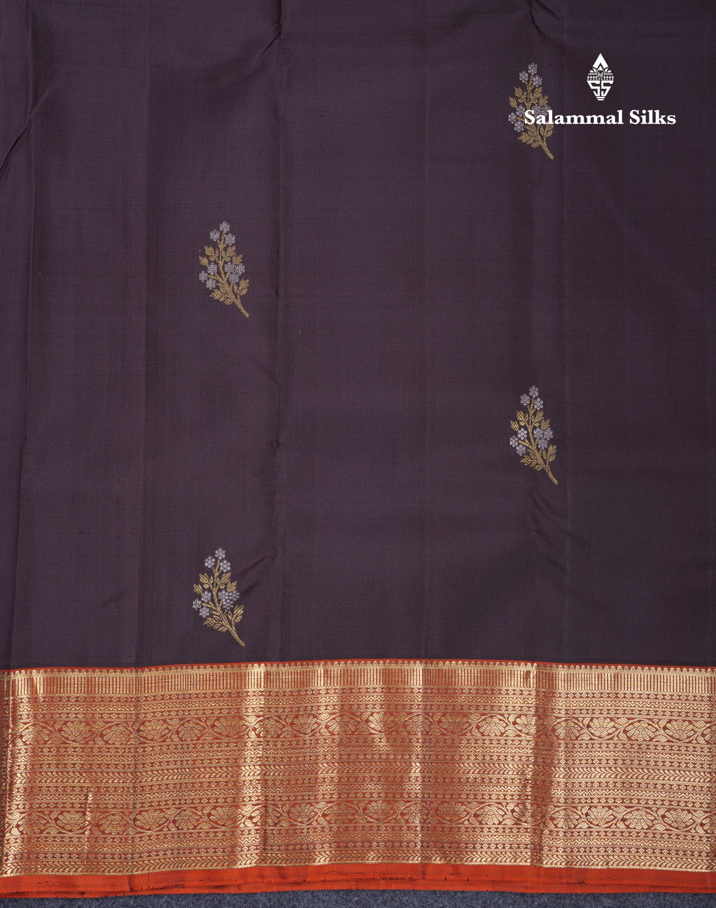 Dark Brown Pure Kanjivaram Silk Saree With Contrast Rust Orange Traditional Border