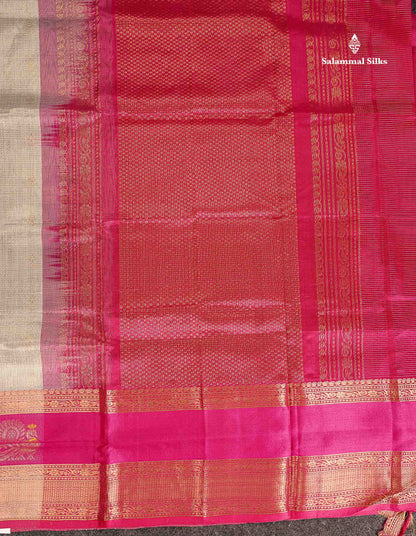Pure Silk Cotton Saree - Grey White Small Zari Checks With Butta Along With Contrast Pink Traditional Evening Morning Border