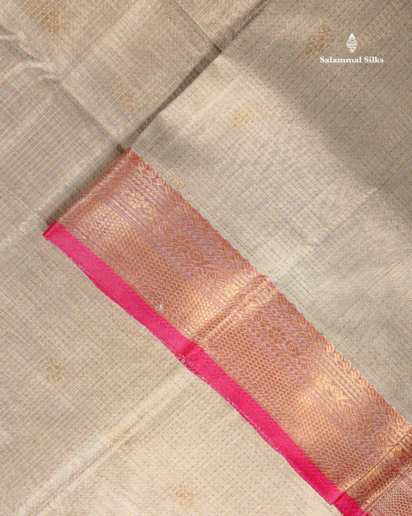 Pure Silk Cotton Saree - Grey White Small Zari Checks With Butta Along With Contrast Pink Traditional Evening Morning Border