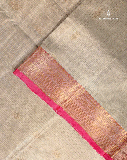 Pure Silk Cotton Saree - Grey White Small Zari Checks With Butta Along With Contrast Pink Traditional Evening Morning Border