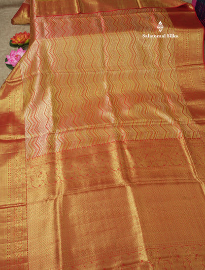 Geometric Multicolour Tissue Fancy Bridal Pure Kanjivaram Silk Saree With Contrast Red Border
