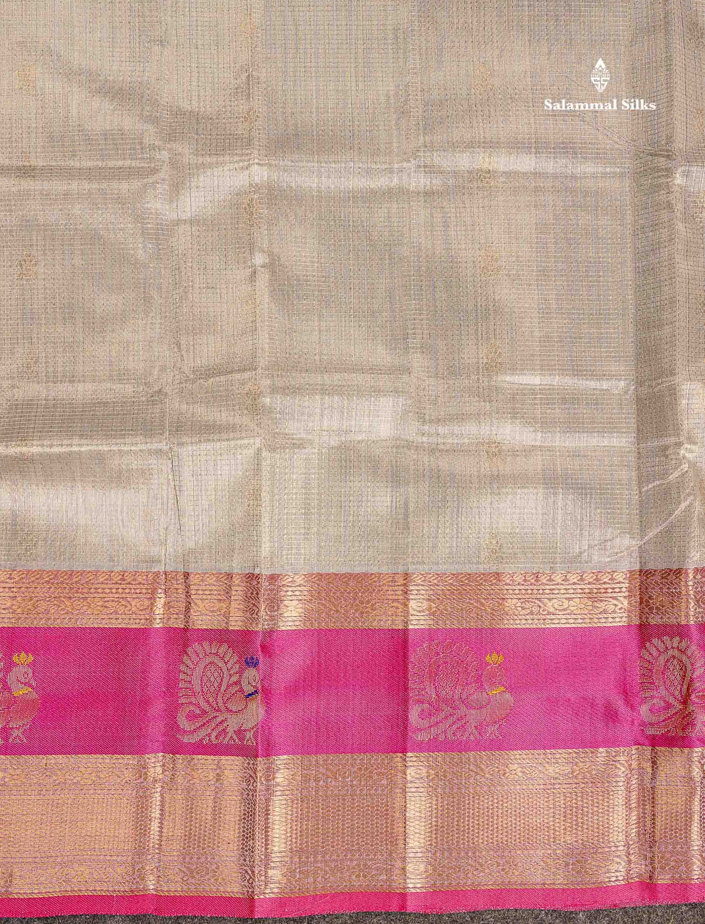 Pure Silk Cotton Saree - Grey White Small Zari Checks With Butta Along With Contrast Pink Traditional Evening Morning Border