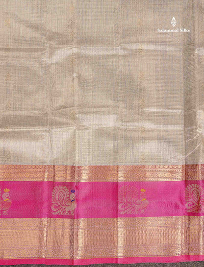 Pure Silk Cotton Saree - Grey White Small Zari Checks With Butta Along With Contrast Pink Traditional Evening Morning Border