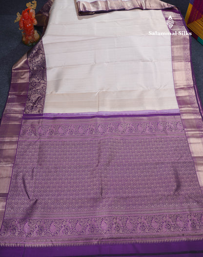 Cream White Fancy Bridal Pure Kanjivaram Silk Saree With Contrast Dark Purple Traditional Border